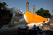 Ayutthaya, Thailand. Wat Yai Chai Mongkhon, 7m- long reclining Buddha, draped in a long orange robe. 